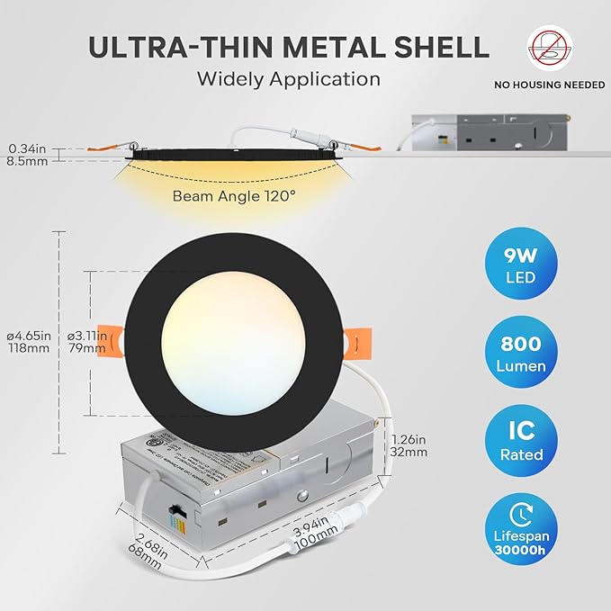 LVWIT 6 Pack 4 Inch LED Recessed Ceiling Light with Junction Box, 9W 5CCT Ultra-Thin Dimmable Can Lights, High Brightness, Canless Wafer Downlight for Kitchen Hallway Dining Room, ETL&FCC