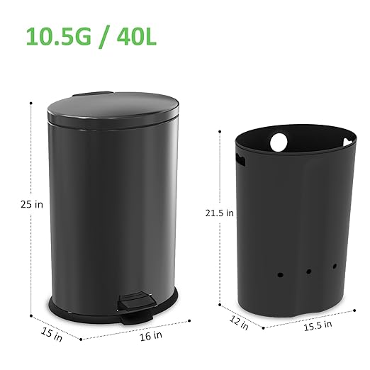 Kitchen Trash Can with Lid - 10.5Gallon/40L Oval Stainless Steel Trash Can with Removable Inner Liner and Lid Soft Close, Foot Pedal garbage can for Home Office,Fingerprint Proof Cleanly Black