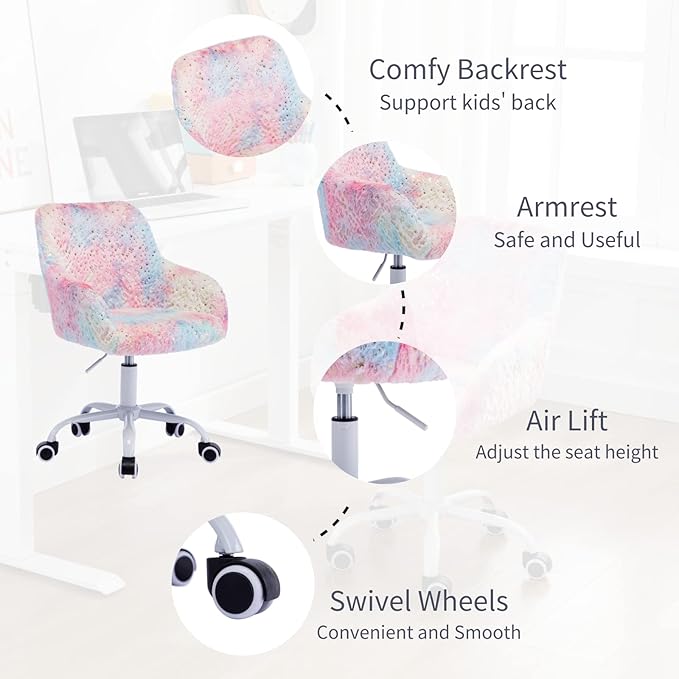 HEAH-YO Swivel Kids Chair with Wheels, Adjustable Kids Desk Chair with Armrest and Back, Cute Faux Fur Kid Study Chairs for Boys and Girls, Light Multi-Colour