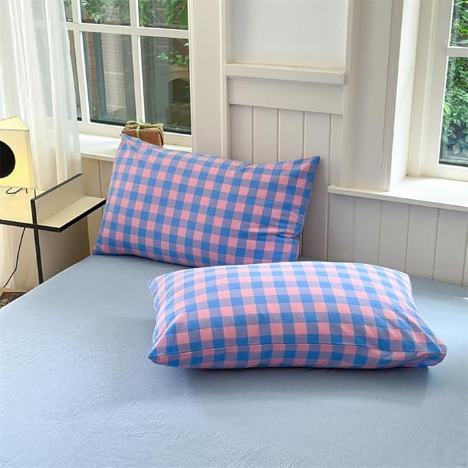 FACE TWO FACE Bedding Duvet Cover Set100% Washed Cotton Duvet Cover Linen Like Textured Breathable Durable Soft Comfy (Full, Blue Purple Grid)