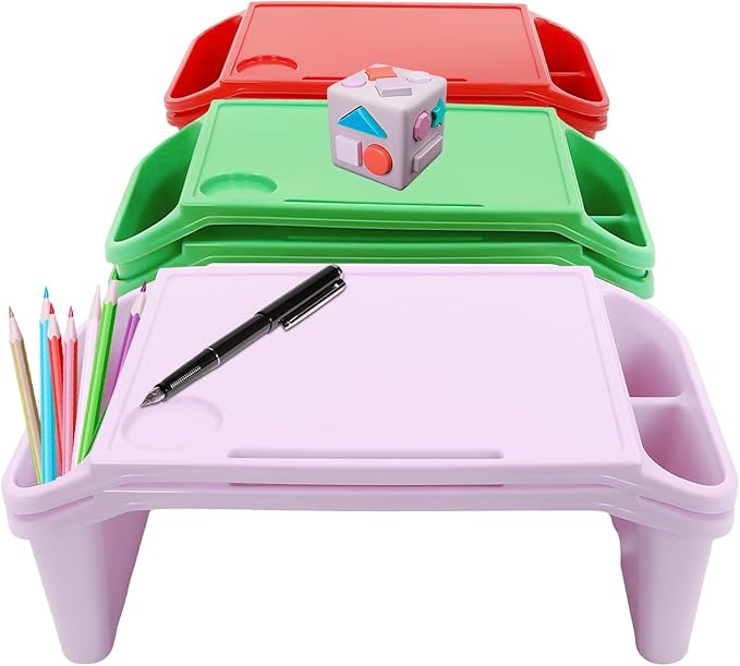 Set of 6 Kids Lap Desk Tray, Portable Activity Table, Plastic, Stackable for Drawing, Writing, Eating, Classroom, 19.69" L x 9.84" W x 7.09" H (Red, Green, Purple)