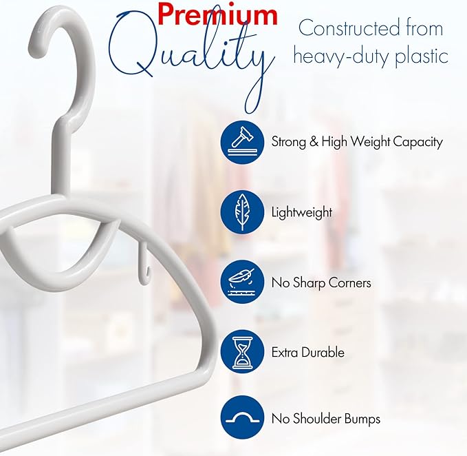Plastic Clothes Hangers- 24 Heavy Duty Plastic Hangers for Clothes, Light Weight, Coats, Dress, Suits- Non Slip Cloth Hanger with Hook for Scarves, Belts & Ties- Snag Free White Hangers for Shirts