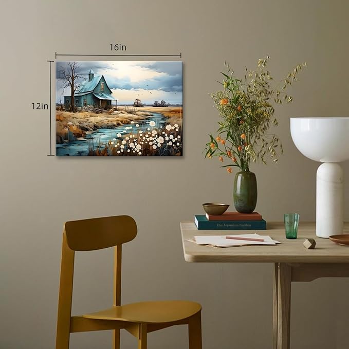 CYULWNNO Farmhouse Wall Art Barn Farm Landscape Painting Pictures Decor Blue Farm Nature Wildflower Rustic Scenery Canvas Prints Artwork Frame Living Room Bedroom Bathroom Wall Decor 12"x16"