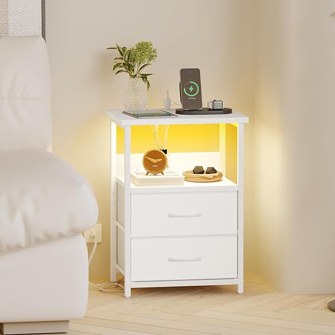 Fixwal Nightstand Set of 2 Night Stand with Charging Station, LED Nightstand with Fabric Drawers, End Table with PU Finish, Bed Side Table, White