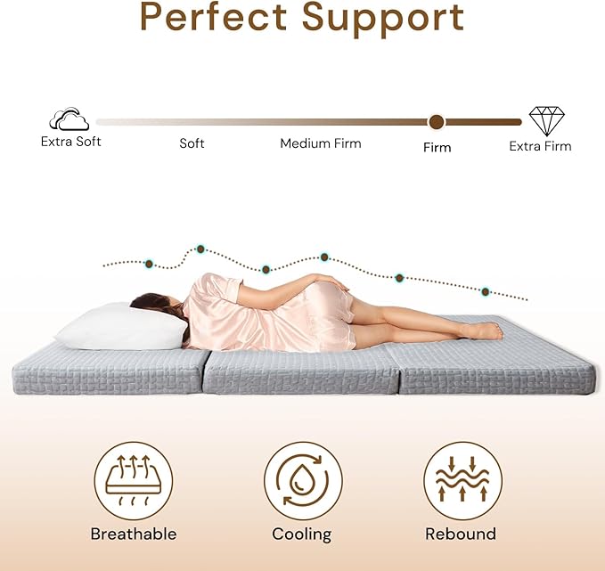 Foldable Mattress, 4 Inch Memory Foam Guest Floor Mat, Tri Folding Portable Mattress for Kids and Adults, Washable Cover, Non-Slip Design, Full Grey (Size: 53" L x 74" W x 4" Th)