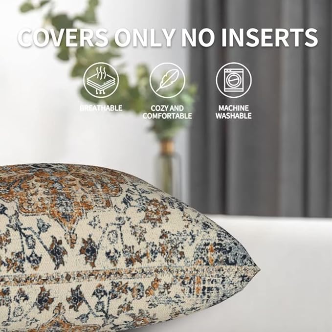 Boho Throw Pillow Covers 20x20 Set of 2, Ethnic Carpet Pattern Pillow Covers Gold Blue Rustic Farmhouse Cushion Cases Linen Decorative Gifts for Couch Sofa Indoor Outdoor