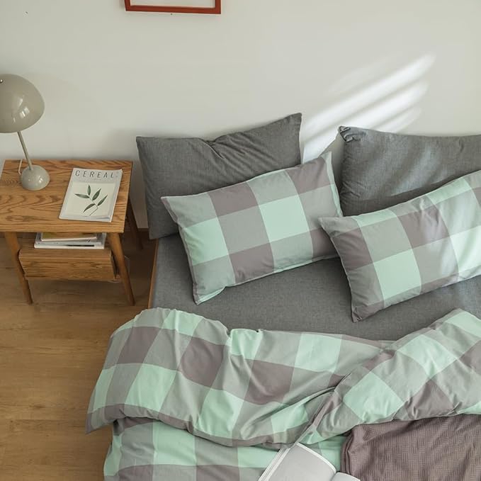 FACE TWO FACE Bedding Duvet Cover Set100% Washed Cotton Duvet Cover Linen Like Textured Breathable Durable Soft Comfy (Full, Light Green Grid)