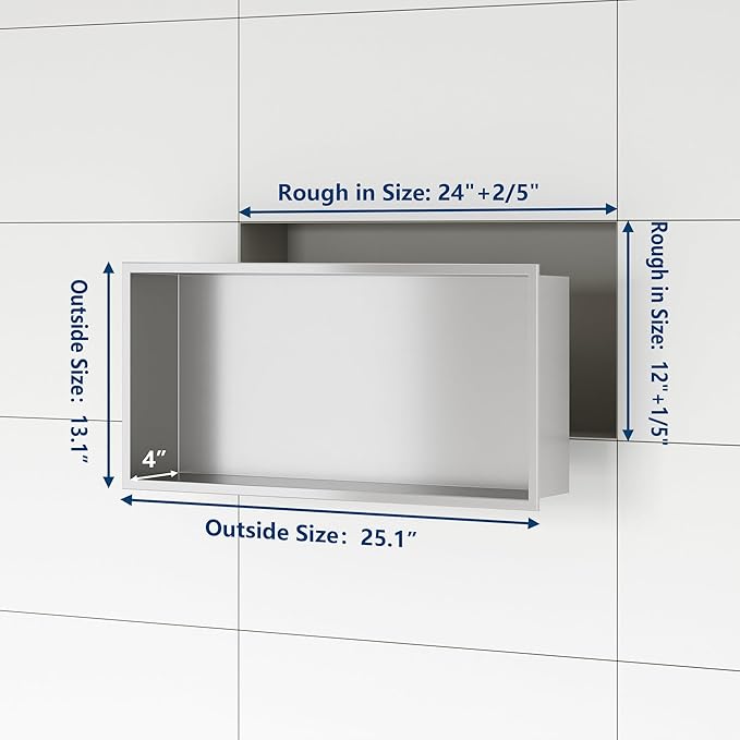 Stainless Steel Shower Niche 24" X 12", No Tile Needed Wall Niche, Recessed Shower Shelf for Bathroom Storage, Brushed Nickel