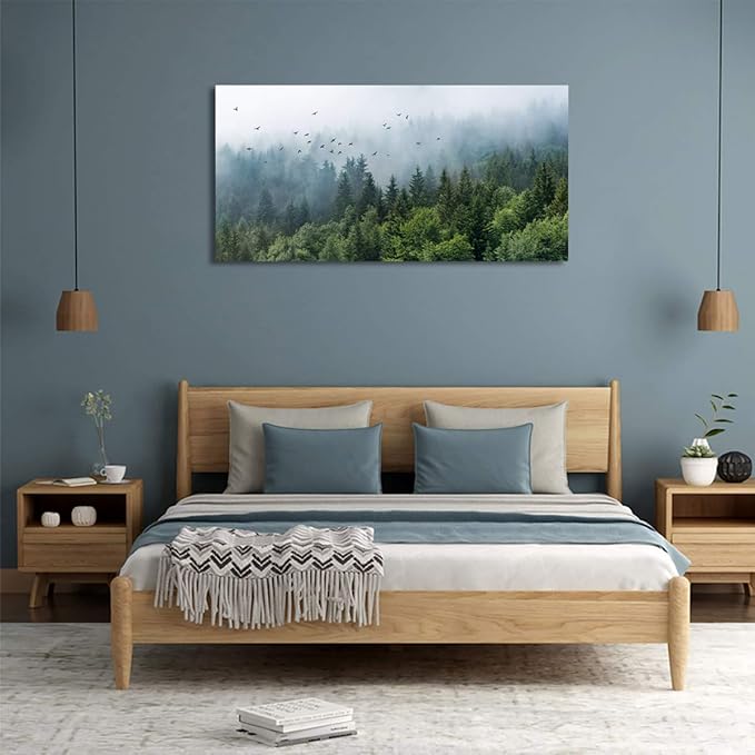 Green Forest Wall Art Tropical Forest Mountain Bird Contemporary Canvas Pictures Modern Artwork Framed for Bathroom Bedroom Nursery Living Room Home Office Kitchen Wall Decor 20" x 40"