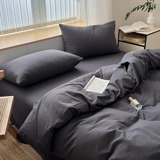 FACE TWO FACE Bedding Duvet Cover Set100% Washed Cotton Duvet Cover Linen Like Textured Breathable Durable Soft Comfy (King, Volcanic Black)