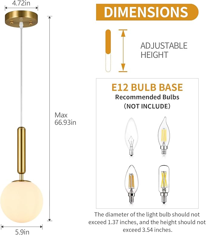 Modern Hanging Light Fixture Pendant Lighting for Kitchen Island Mid Century Gold Pendant Lights with Globe Milky White Glass Pendant Light for Bedroom Bathroom Entryway (2 Pack)