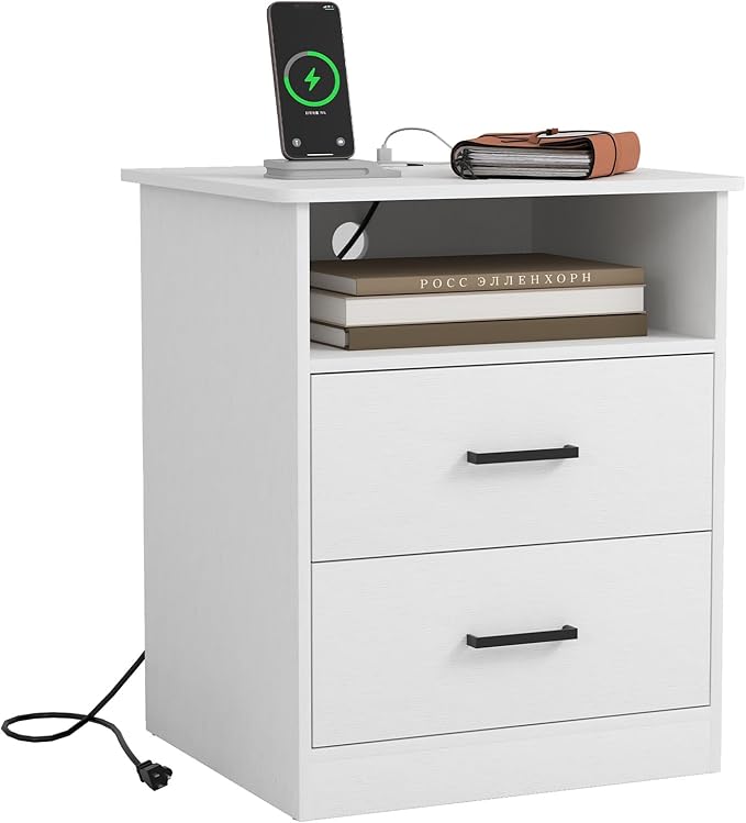 Night Stand with Charger Station, Modern Nightstand with USB Type-C Ports and AC Outlets, Large Bedside Table with 2 Drawers and Open Storage, Wooden End Table for Bedroom (White, 2 Drawers)