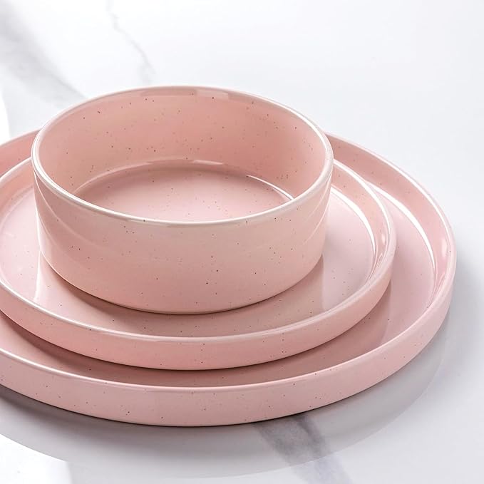 GBHOME Dinnerware Set for 6, 18 Piece Speckled Plates and Bowls Set with Glazed Bottom, Chip & Scratch Resistant Stoneware Plates Sets, Dishwasher & Microwave Safe Dishes (Pink, Service for 6)
