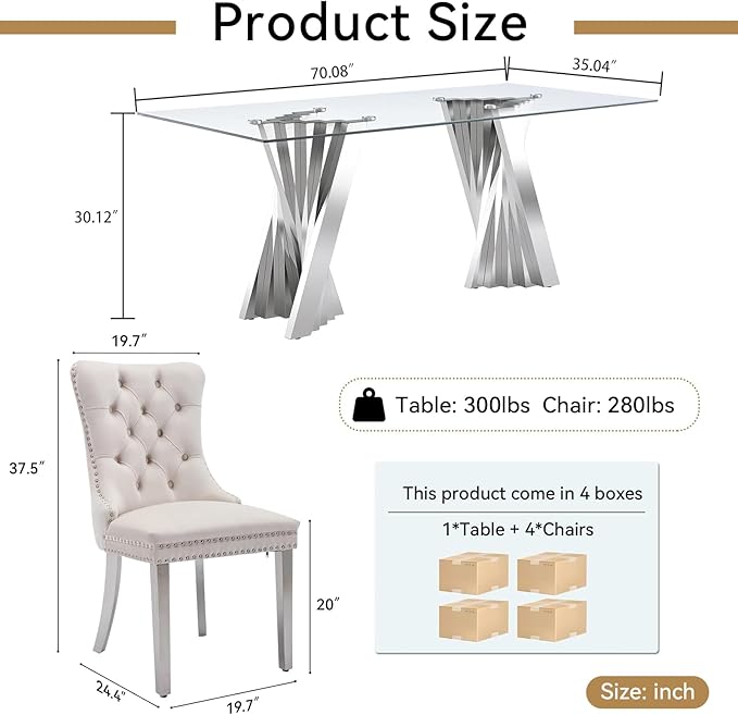 Goujxcy Modern 5 Piece Glass Dining Table Set Luxury Glass Kitchen Table and Chair Set for 4, 70" Large Rectangular Dining Room Table with 4 Tufted Chairs and Stainless Steel Legs (Silver & Beige)