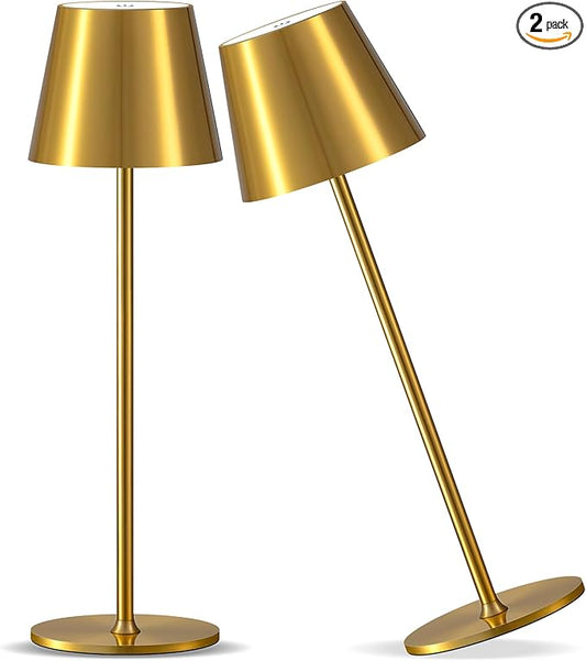 PUSU Cordless Rechargeable Table Lamp Set of 2, 4000mAh Battery Powered LED Desk Lamp, 3 Color Stepless Dimming Up, Portable Table Light Lamp for Bedroom Restaurant Outdoor (Gold)