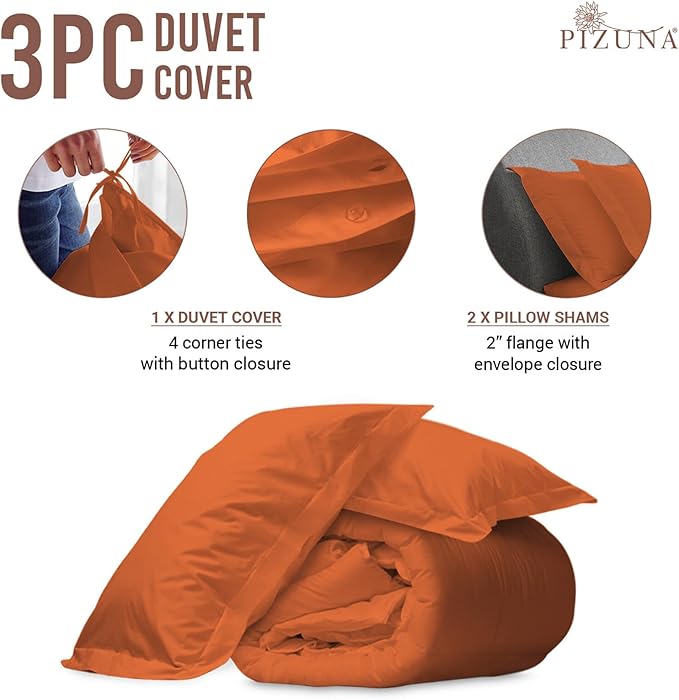 Pizuna Pure 100% Cotton King Duvet Cover Set, Luxurious 400 Thread Count Long Staple Cotton Sateen Weave with Button Closure (Combed Burnt Orange Cotton Duvet Cover King)