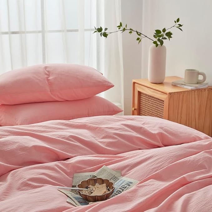 FACE TWO FACE Bedding Duvet Cover Set 3 Pieces 100% Washed Cotton Duvet Cover Linen Like Textured Breathable Durable Soft Comfy (King, Light Pink)