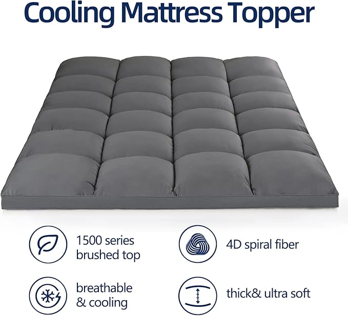 Mattress Topper Twin XL for Back Pain, Extra Thick Mattress Pad Cover, Plush Pillow Top, Deep Elastic Pocket, Grey