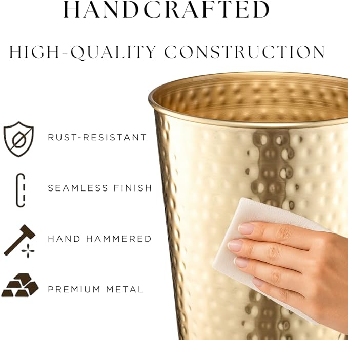 Monarch Abode Brushed Gold Hand Hammered Metal Wastebasket for Home Office Bedroom, Decorative Waste Basket, Modern Garbage Can, Durable & Decorative Trash Bin, Brushed Gold Bathroom Trash Can