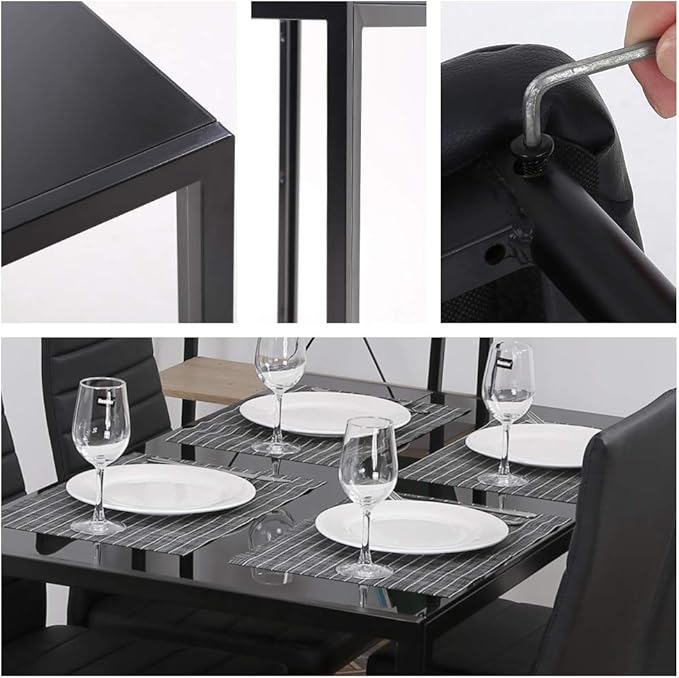 PayLessHere Dining Room Table Set 5-Piece Kitchen with 4 Faux Leather Metal Frame Chairs Rectangular Modern for Small Spaces w/Glass Tabletop Kitchen Table and Chairs, Black Glass