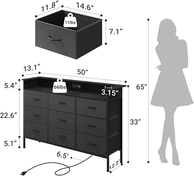 ELYKEN Black Dresser for Bedroom with LED Light & Charging Station, 9 PU Finish Fabric Drawers Dressers & Chest of Drawer with USB Outlet for for Entryway Closet Living Room Hallway