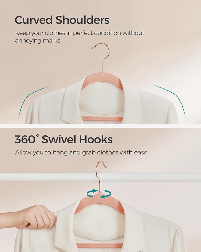 SONGMICS Velvet Hangers 100 Pack, Non-Slip Clothes, Suit With Shoulder Notches, Pants Bar, 360 Swivel Hook, Space-Saving, for Closet, Jelly Pink UCRF029R100