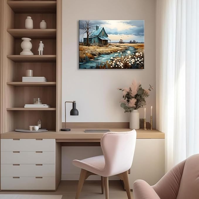 CYULWNNO Farmhouse Wall Art Barn Farm Landscape Painting Pictures Decor Blue Farm Nature Wildflower Rustic Scenery Canvas Prints Artwork Frame Living Room Bedroom Bathroom Wall Decor 16"x24"