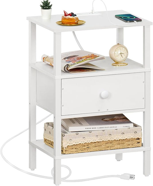 Lerliuo Nightstand with Charging Station and USB Ports, 3-Tier Storage End Table with Drawer Shelf, Night Stand for Small Spaces, Wood Bedside Table for Living Room, Bedroom - Elegant White