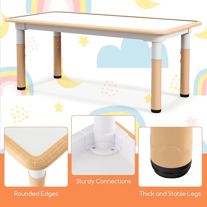 Costzon Kids Table and 4 Chair Set, Height Adjustable Toddler Desk and Chairs with Graffiti Desktop, Non-Slip Legs, Children Art Study Multi-Activity Table Set for Home, Daycare, School (Natural)
