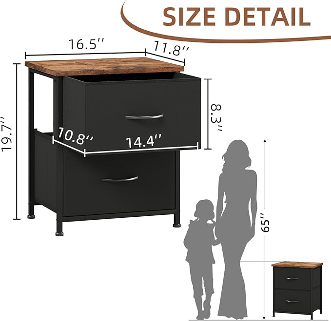 Somdot Black Nightstand, Small Dresser for Bedroom with 2 Drawers, Bedside Table Night Stand End Table with Fabric Bins for Bedroom Kids Closet Dorm Guest Room, Black Rustic Brown