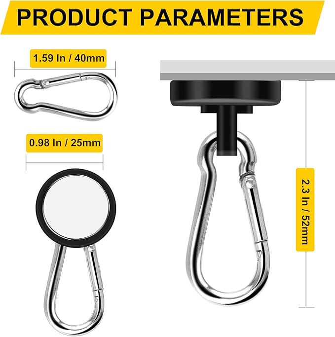 DIYMAG Magnetic Hooks, 70LBS Heavy Duty Neodymium Magnetic Hooks with Swivel Carabiner Hook,Great for Your Refrigerator and Other Magnetic Surfaces, Pack of 6