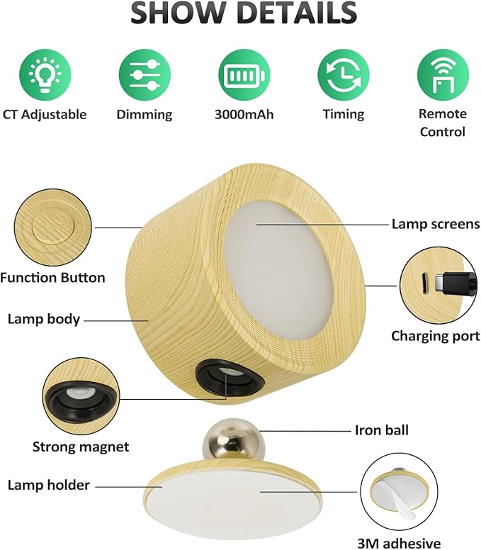 Lightbiz LED Wall Sconces, Wall Mounted Lamp with Remote Rechargeable Battery Operated, 3 Color Temperatures & Dimmable Wall Lights Magnetic 360° Rotation Wireless Light