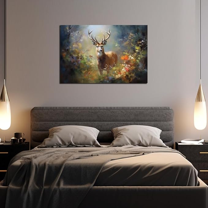 Deer Wall Art Decor Elk Canvas Pictures Forest Landscape Theme Art Print Wildlife Canvas Artwork for Living Room Watercolr Animal Canvas Art for Bedroom Bathroom Home Office Decorations(24"×36")