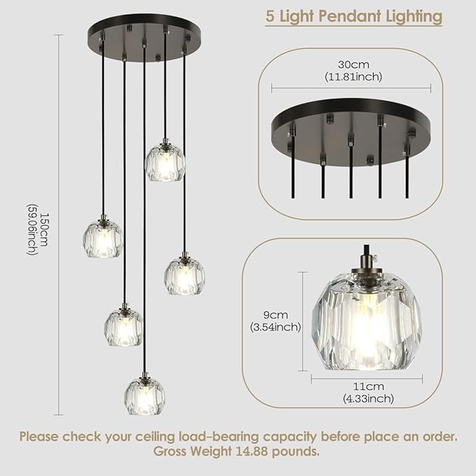 5 Lights Cluster Pendant Lighting, Brushed Black Crystal Pendant Chandelier, Foyer Chandelier Light Fixture Modern Hanging Lights for Kitchen Island Dining Room