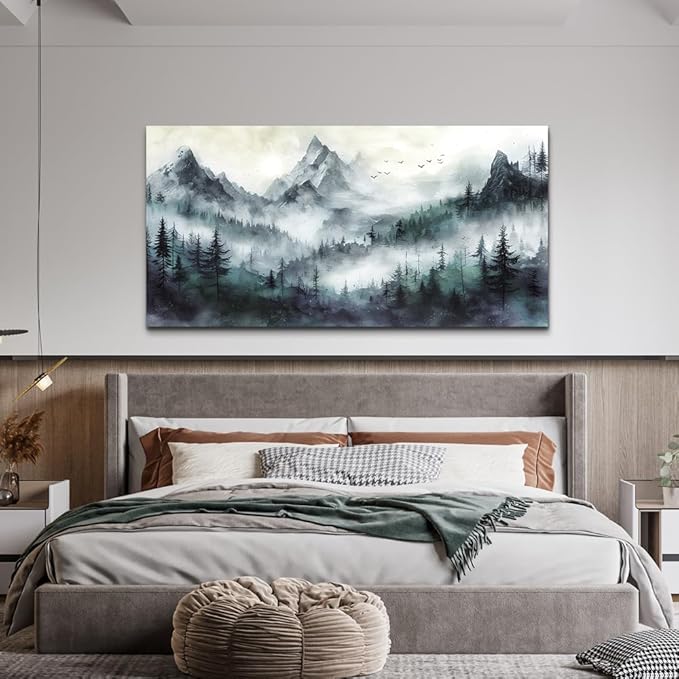 Lapremoly Trees Landscape Wall Painting Artwork Foggy Forest Wall Picture Large Wall Art For Living Room Modern Wall Decorations For Bedroom Office Wall Decor Canvas Prints Home Decor Ready to hang