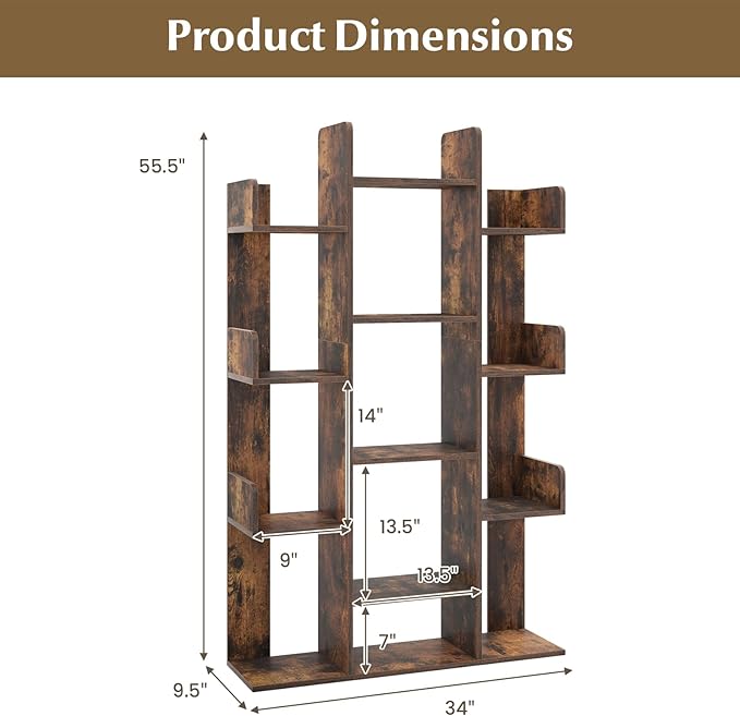 Tangkula Freestanding Tree Bookshelf, Corner Storage Organizer with 13 Open Shelves, Decorative Display Cube Shelf for Living Room, Study, Office, 34 x 9.5 x 55.5 Inch (2, Rustic Brown)