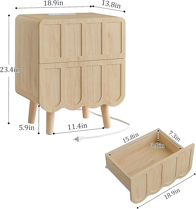 LYNCOHOME Nightstand with Charging Station, 18.9 inch Wide End Table with 2 Drawers, Modern Wood Bedside Table Mid Century Modern Night Stand for Bedroom (Natural)