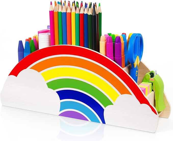 GAMENOTE Rainbow Wooden Desk Organizer – Natural Wood, No Smell, Childfriendly Pen Pencil Holder Caddy for Office Supplies, Classroom,Study Area– Cute Storage for Kids Present