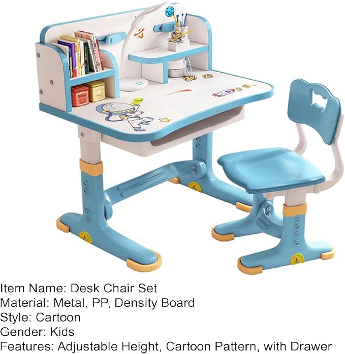 Kids Adjustable Study Desk & Chair Set w/Storage,Drawers,Bookshelf,Child Toddler Writing Homework Table,Little Girl Work Computer Desk,Princess Preschool Desk,Escritorio Mesas para Niña (Blue)