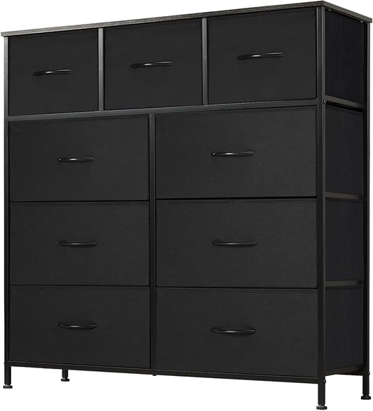 DUMOS Dresser for Bedroom, Storage Organizer with 9 Drawers, Chest of Drawers with Fabric Bins, Sturdy Metal Frame, Wood Tabletop for Guest Room, Closet, Entryway, Nursery
