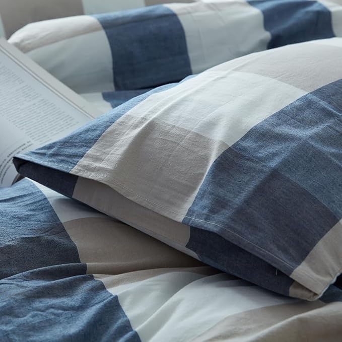 FACE TWO FACE Bedding Duvet Cover Set100% Washed Cotton Duvet Cover Linen Like Textured Breathable Durable Soft Comfy (California King, Blue and White Grid)