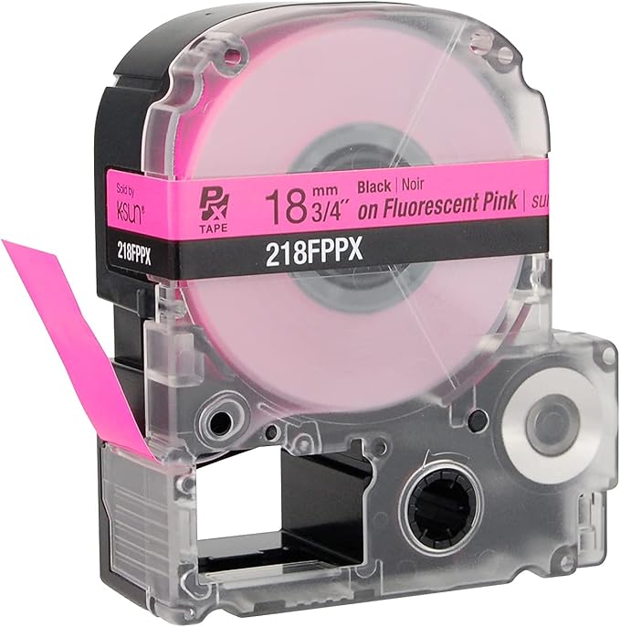 Epson LABELWORKS 218FPPX Genuine PET (Polyester) Tape Cartridge - Black on Fluorescent Pink Label Maker Tape - 3/4" (18MM) Wide, 30'