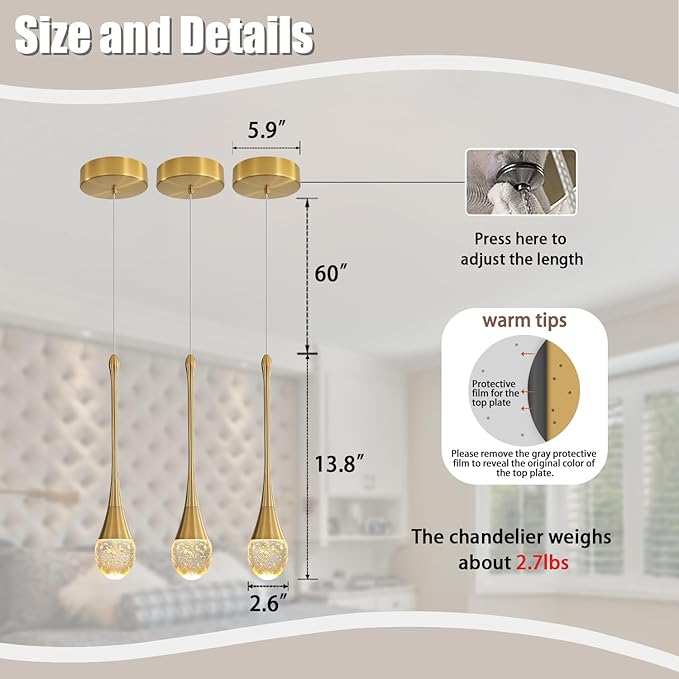 Modern Pendant Lights for Kitchen lsland LED Dimmable Raindrop Chandelier Crystal Ceiling Pendant Lighting for Dining Room Hallway Bar Living Room (1 Pack)