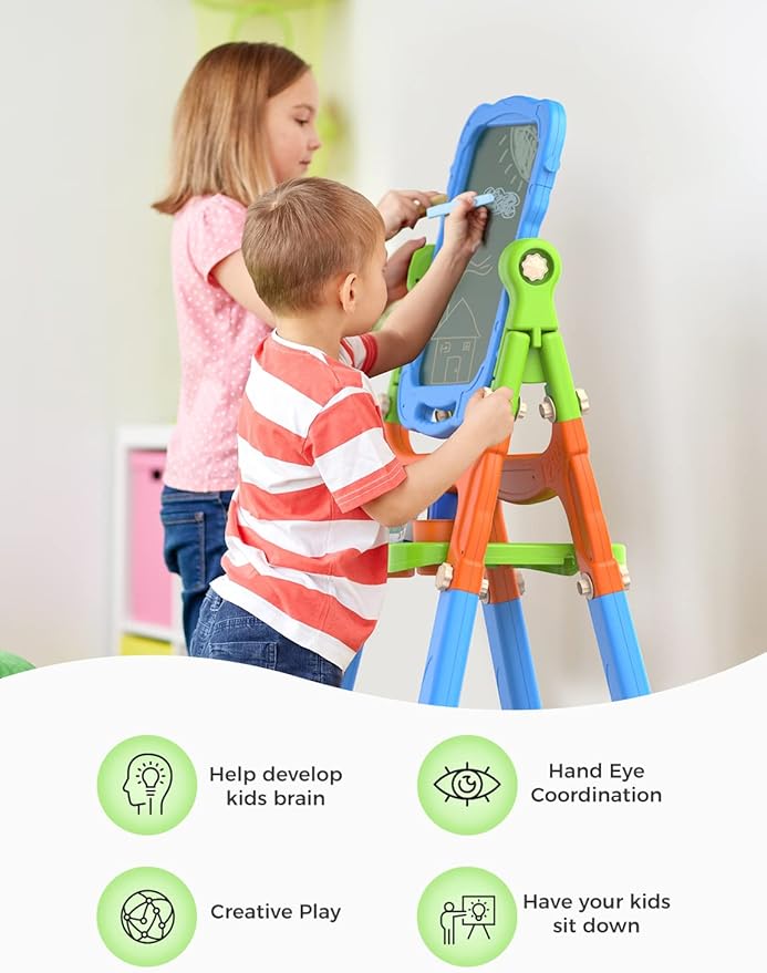 YOHOOLYO Kids Easel Standing Art Easel for Kids, Double Sided Children Pink Purple Easel Magnetic Chalkboard Whiteboard Dry Eraser Board Great Gift for Girls (Blue)
