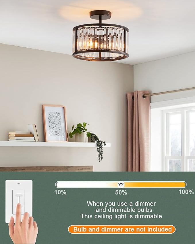 Black Flush Mount Ceiling Light, 2- Light Caged Crystal Chandelier , Small Drum Hallway Light Fixtures Ceiling Mount (Black)