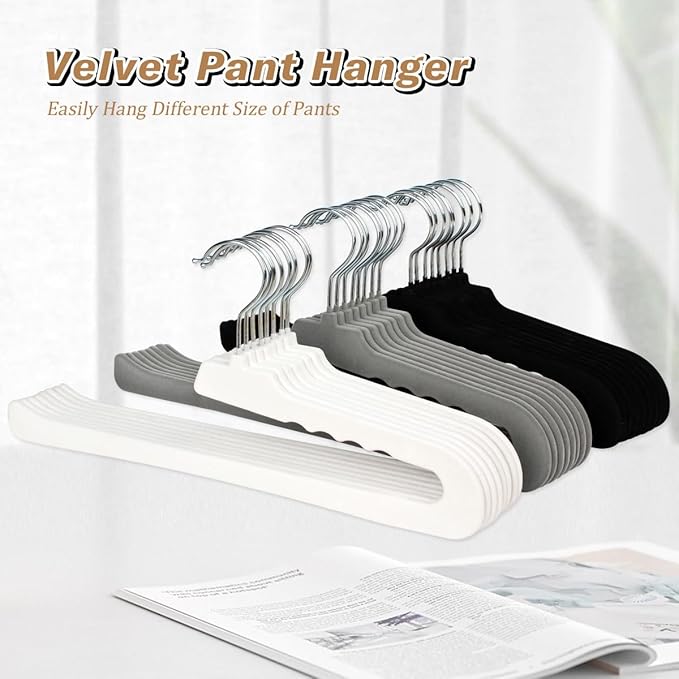 Velvet Pants Hangers,16 Pack Black Non Slip Felt Slack/Trouser Hanger,Slim & Sleek Heavy Duty Space Saving Closet Hanger with 360° Swivel Hook,Tank Top Hangers for Shorts,Jeans,Suit Pants,Towel