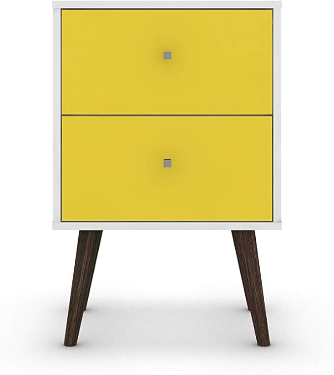 Manhattan Comfort Liberty Mid Century Modern Nightstand with Drawers, Bedside Table for Bedroom and Living Room, Night Stand Accent Decor, Easy Assembly, White/Yellow