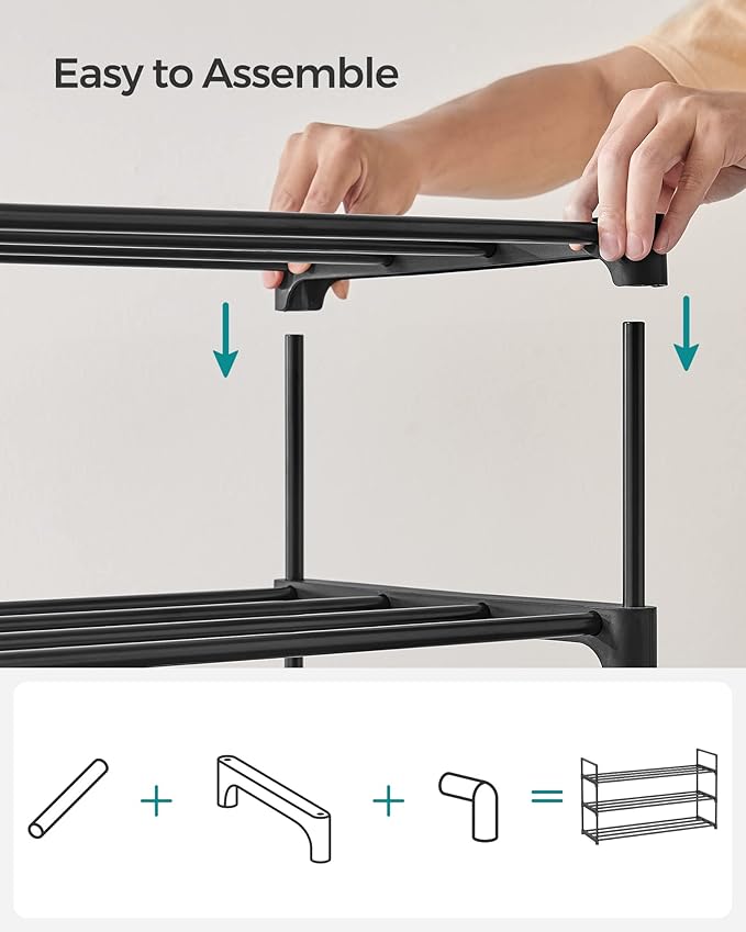 SONGMICS Shoe Rack, 3-Tier Shoe Organizer, Metal Storage Shelf, Upright or Upside Down, for 16-20 Pairs, Stackable, for Entryway, 11.8 x 36.2 x 21.7 Inches, Black ULSA303B02