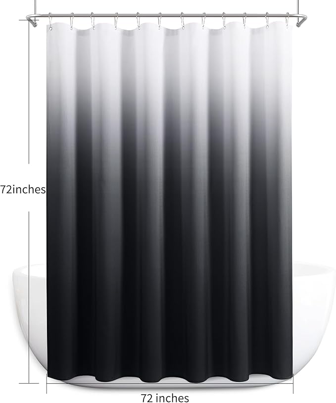Black Shower Curtains for Bathroom, Ombre Textured Fabric Shower Curtain Set, Hotel Spa Luxury with 12 Hooks, Machine Washable, Decorative Bathroom Curtain Black 72 x 72