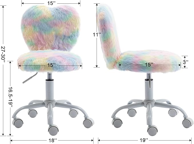 Cute Fuzzy Kids Chair Comfy Study Desk Chair Furry Studing Computer Task Chairs Faux Fur Swivel Vanity Chairs for Girls Bedroom, Multi-Color